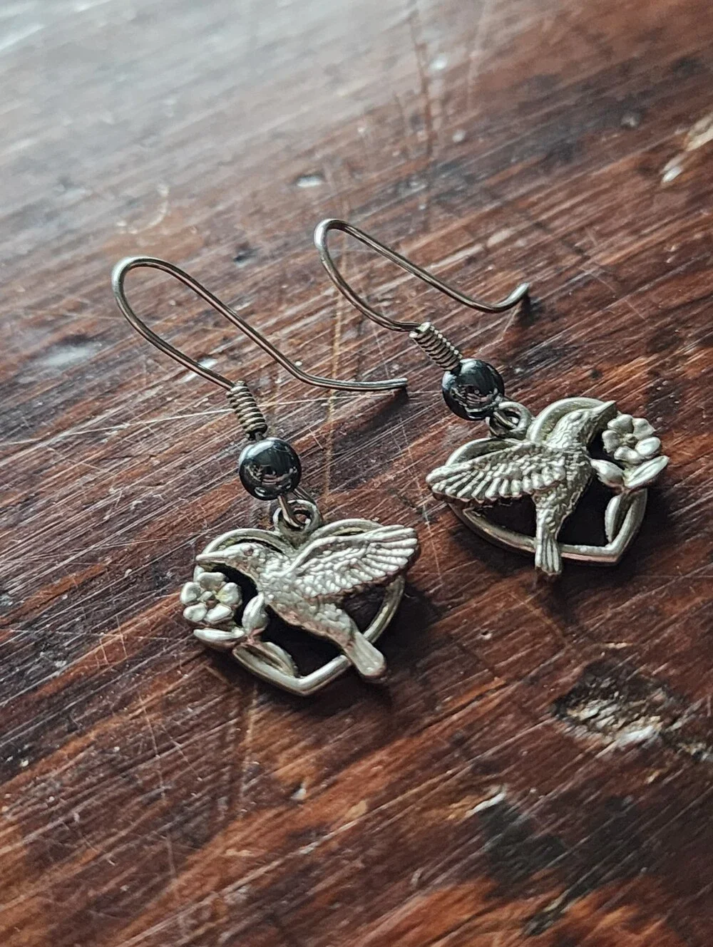 Vintage Sterling Tone Hummingbird Dangle Earrings Pierced Hook Marked Floral